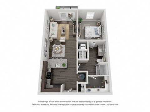 Floor plan for 1 bed, 1 bath, 768 sqft